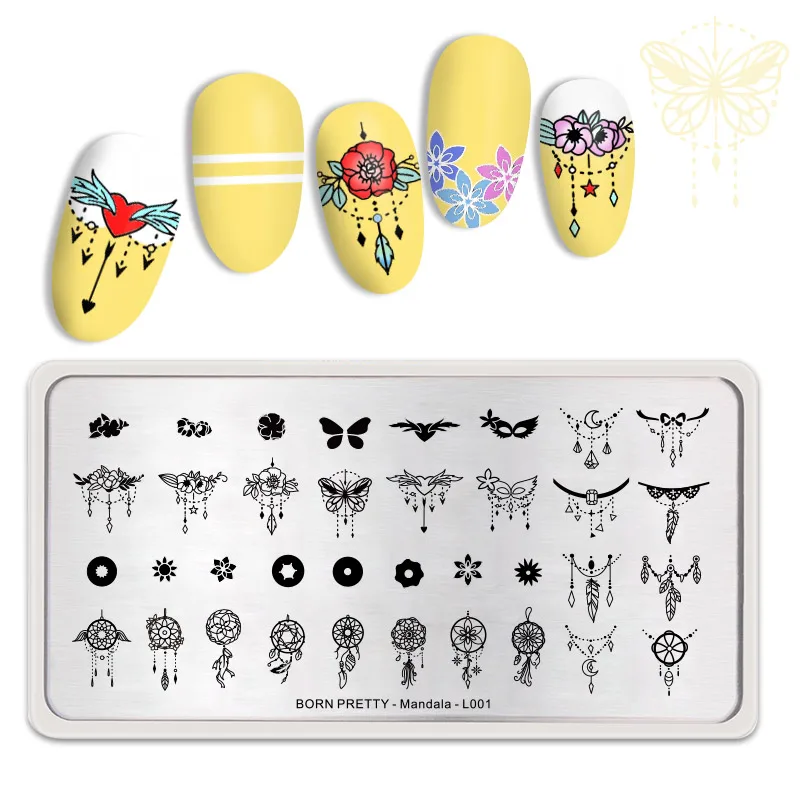 

BORN PRETTY Nail Stamping Plates Flowers Butterfly Pattern Rectangle Nail Art Image Stencil Mandala Theme L001