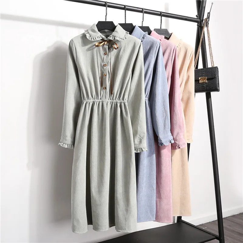 Auumn winter dress women long-sleeved ruffled bow corduroy dress french style vintage elastic waist single-breasted dress female