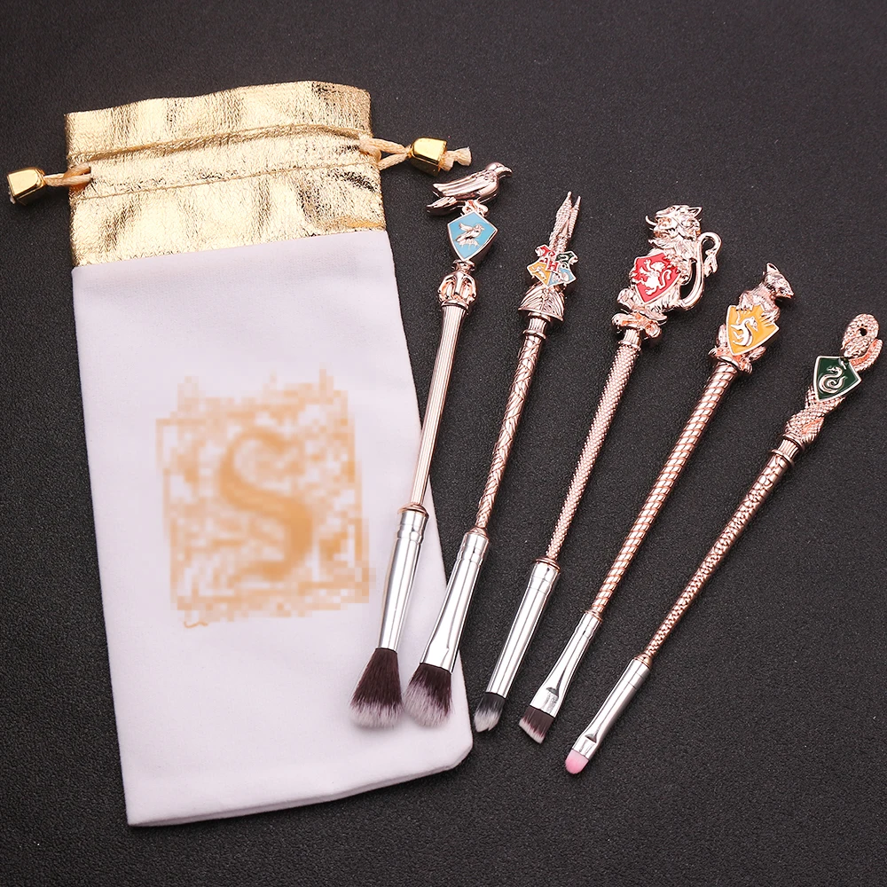 Movie Makeup Brushes Set Hogwarts Magic School Badge Enamel Animal Cosmetics Pro Eyeshadow Brush Eyebrow Lip Makeup Tool Kit - Handle Color: rose gold