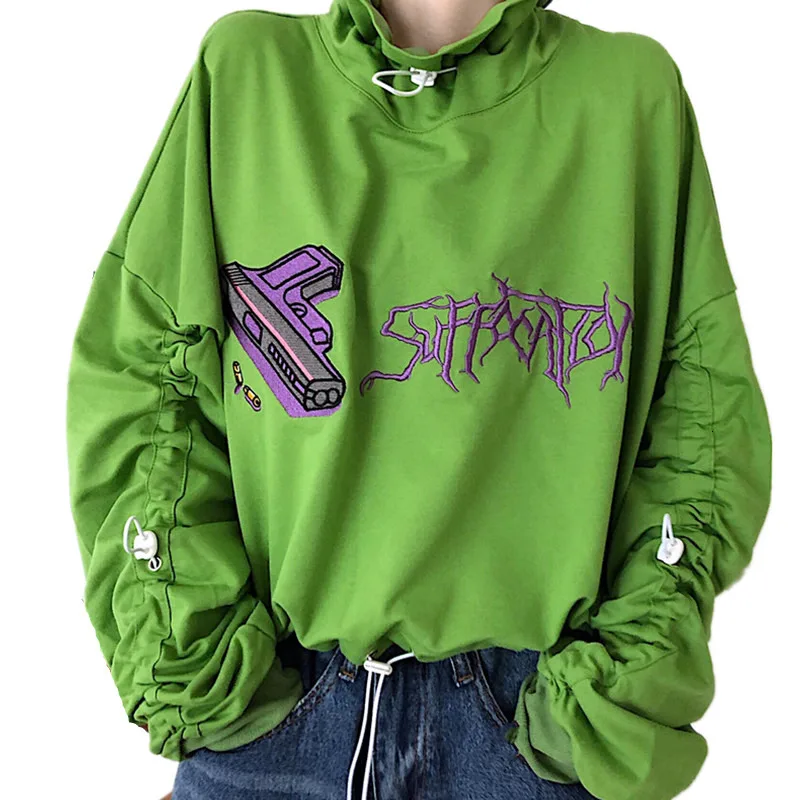 

2019 New Autumn Winter Gothic Letter Embroidery Sweatshirt Fold Drawstring Long Sleeve Ruffled Wave Collar Women Pullover Hoodie