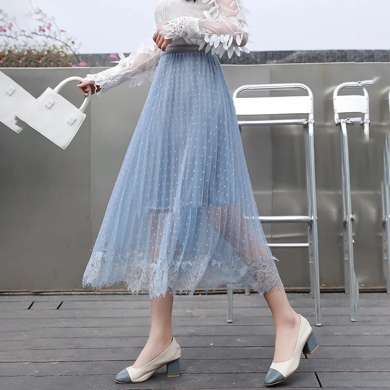 

2019 Korean-style Spring Clothing New Style Women's Network Red Fairy High-waisted Mesh Skirt Retro Polka Dot Joint Lace Skirt