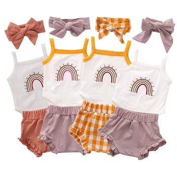 

0-24M Cute Newborn Baby Boys Girls Summer Cotton Clothes Kids Infant Sleeveless Rainbow Print Rompers+Ruffles Shorts+Headband