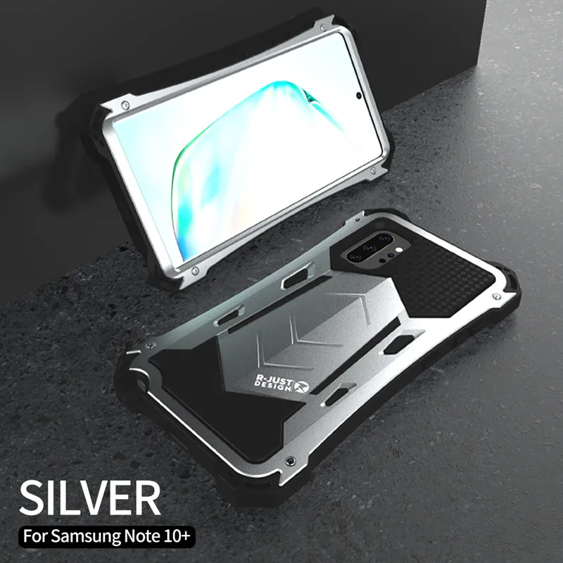 Silver Роскошный уникальный металлический противоударный чехол для телефона samsung Galaxy Note 10 10Plus Противоскользящий чехол с экранной стеклянной пленкой против царапин - Цвет: Silver