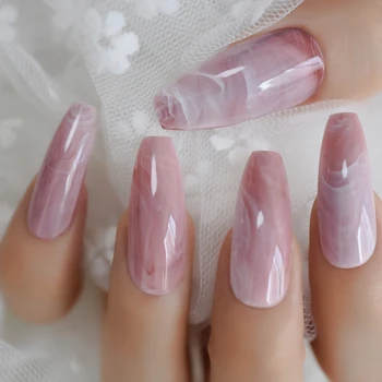 

Long Coffin Nails Pink Marble Extra Long Glossy Stone Pattern Ballerina Nail Tips Fashion Pre-designed Nail with Glue Tabs