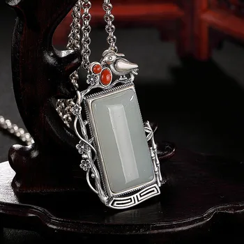 

Yiluyin S925 Sterling Silver Antique inlay Hetian jade white jade bird flower personality women's sweater chain pendant