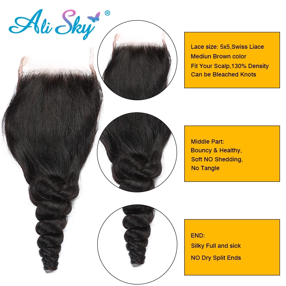 Ali Sky Brazilian Loose Wave Closure 5x5 Lace Closure Remy Hair Frontal Closure 100% Human Hair Closure Natural Hair Closure 5X5 2
