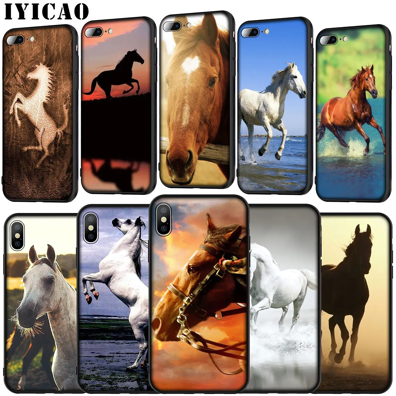 IYICAO Horse Animal Printed Soft Silicone Cover Case for iPhone 11 Pro XR X XS Max 6 6S 7 8 Plus 5 5S SE Black TPU Phone |