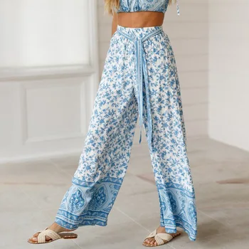 

Women's Casual Loose Printed Wide Leg Pants High Waist Trousers Lace Up Pants