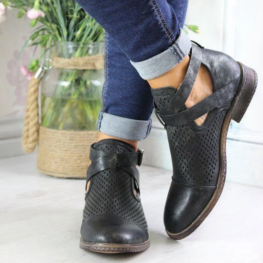 Женские ботинки с заклепками открытая обувь в римском стиле пряжкой Полуботинки