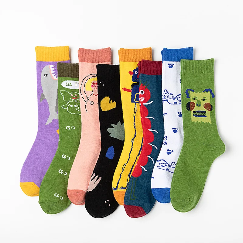 Новые осенние носки в стиле Харадзюку для женщин, цветные спортивные хлопковые носки с рисунком акулы и кота для женщин