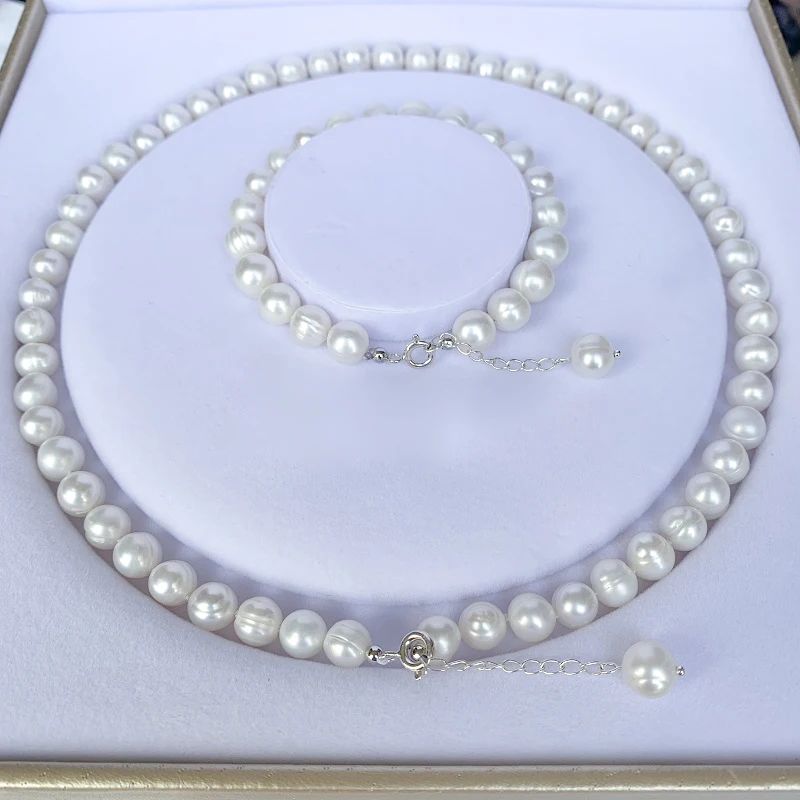 Jewelry Set Silver Jewelry Silver Jewelry Set Pearl Jewelry 9-10mm Natural Freshwater Pearl 925 Sterling Silver Necklace Bracelet for Women