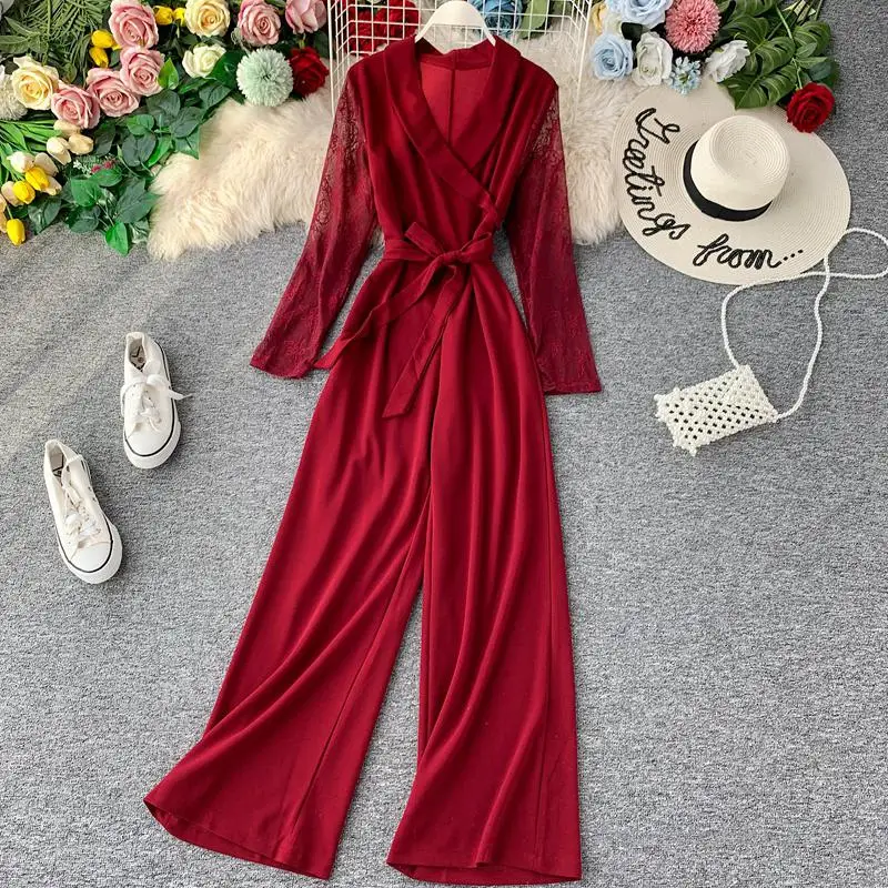 Модный кружевной комбинезон с длинными рукавами для женщин, однотонный, v-образный вырез, элегантный комбинезон, боди, осенний Женский Свободный Повседневный Комбинезон - Цвет: 1