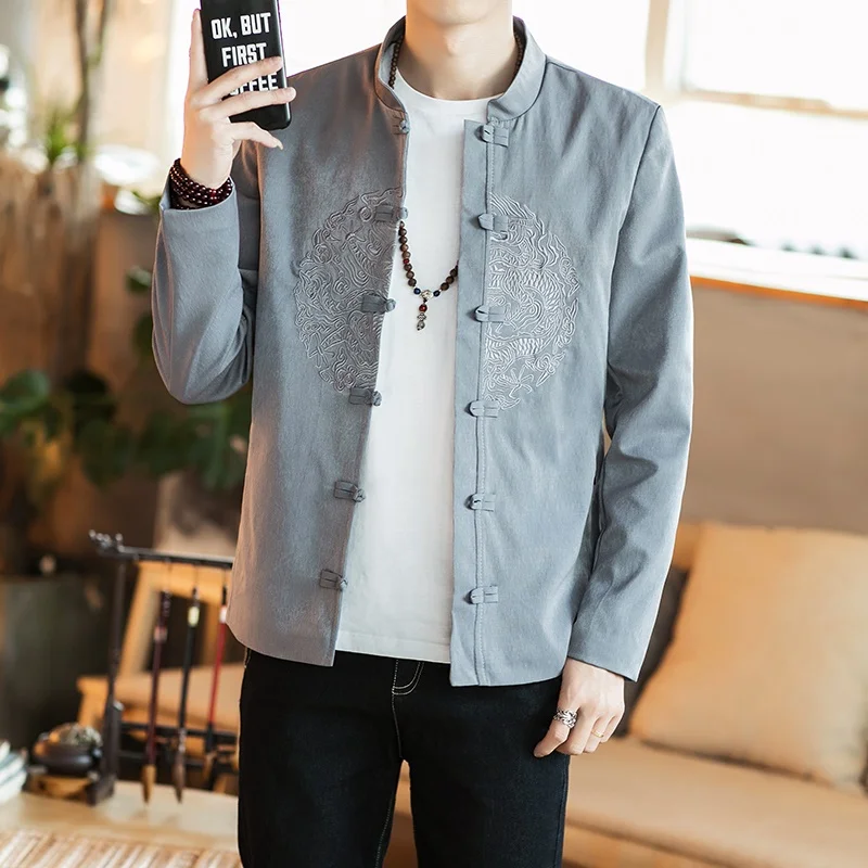 Dragon Bomber Jacket Male Traditional Chinese Coat Jacket Clothing For Men Mandarin Collar Oriental Jackets KK3149
