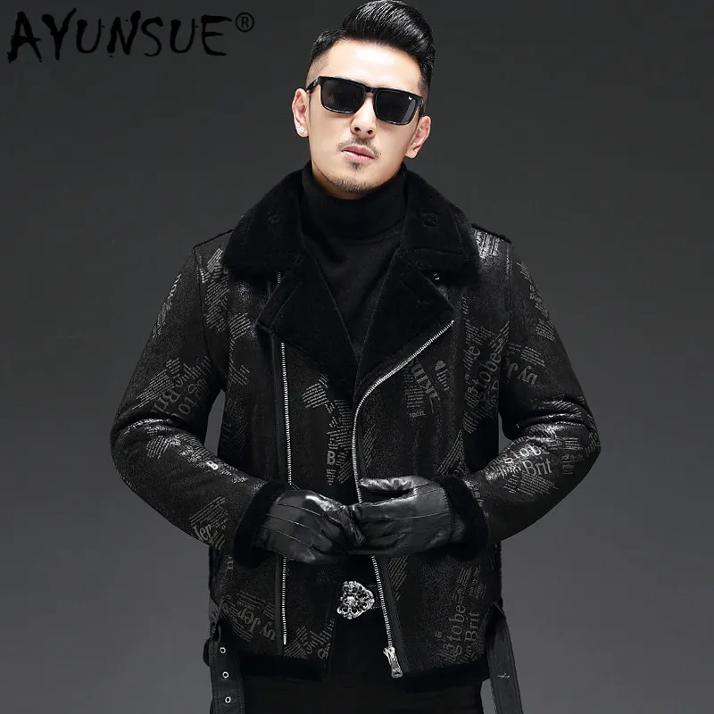 

AYUNSUE 2019 New Genuine Leather Jacket Men Winter Sheep Shearling Jacket Warm Leather Coat Real Wool Fur Lining 19-3701 KJ3287