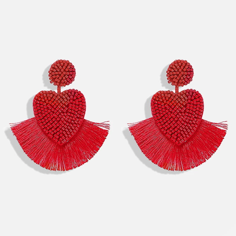 

Bohemian Beaded Tassels Heart Dangle Earring Women Fashion Handmade Multicolour Statement Charm Summer Vacation Drop Earring Hot