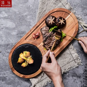 

Natural Black Slate Solid Acacia Wooden Tray Sushi Bread Snack Dish Restaurant Household Dinner Plate Tableware Charger Plates