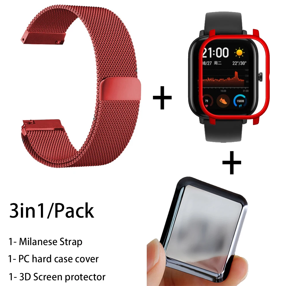 red-red 3в1 наручный ремешок для Amazfit GTS PC чехол металлический Миланский Браслет для Huami Amazfit gts ремешок для 3D экрана Защитная пленка - Цвет: red-red