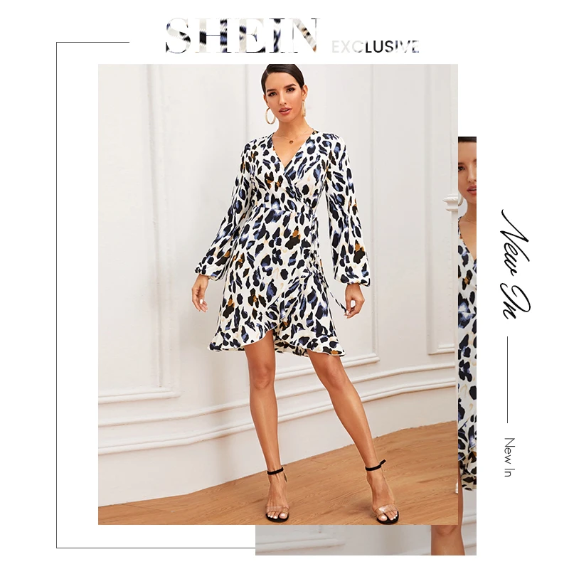 SHEIN, Леопардовый принт, отделка рюшами, самозавязывающаяся накидка, вечерние платья для женщин,, Осенние, с рукавом-Бишопом, с v-образным вырезом, трапециевидные, Элегантные мини-платья