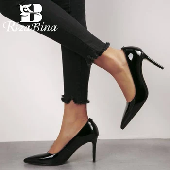 

RIZABINA Women Pumps Patent Leather Thin Heels Shoes Women Sexy Pointed Toe Black Fashion Nightclub Party Footwear Size 33-42