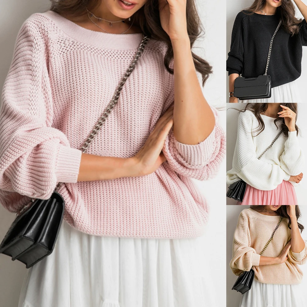 

Womens O Neck Pullover Backless Sweaters Long Sleeves Loose Knit Tops with Pockets