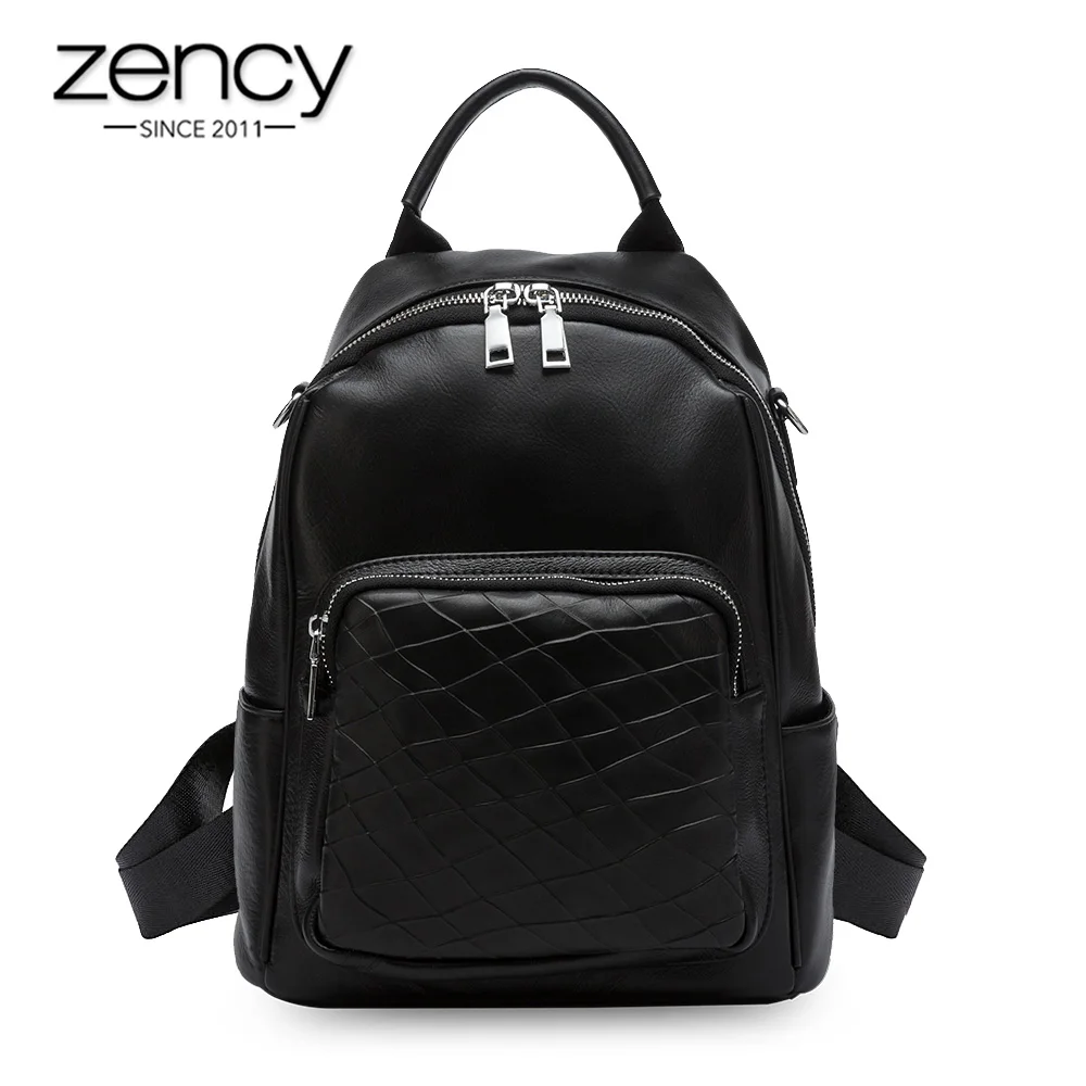 Zency Genuine Leather Daily Casual Women Backpack High Quality Big Travel Bags Preppy Style Student Schoolbag Black Beige
