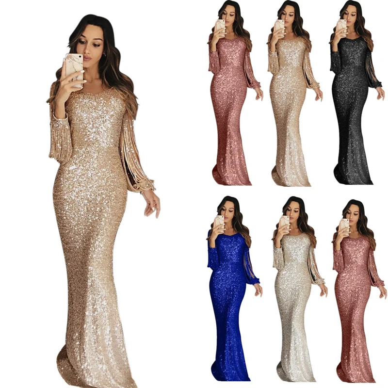 

Women Satin Dress V Neck Maxi Dress Party Club Dresses for Women Mermaid Long Sleeve Tassel Summer Dress with Sequins Vestidos