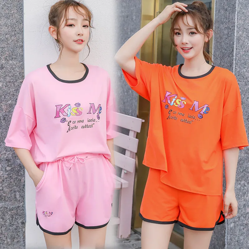 

Women's T-shirt 2020 Summer Women's Short Sleeve Harajuku Shirt Solid Color Letter Print Pajamas Home Wear Two-Piece Set
