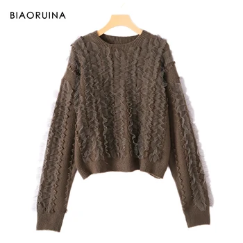 

BIAORUINA Women's Dark Green Mesh Ruffles Patchwork Knitted Pullover O-neck Female Casual All-match Loose Sweater New Arrival