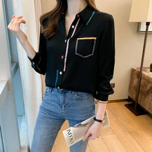 

Summer New Blouse Women's Clothing Polo Shirt Long Sleeve Fashion Solid Color Loose Stitching Girl Chiffon Casual