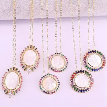 

5Pcs Colorful CZ Micro Pave Cubic Zirconia Religious Jewelry Virgin Mary /Jesus Mother Of Pearl Shell Pendant Necklace