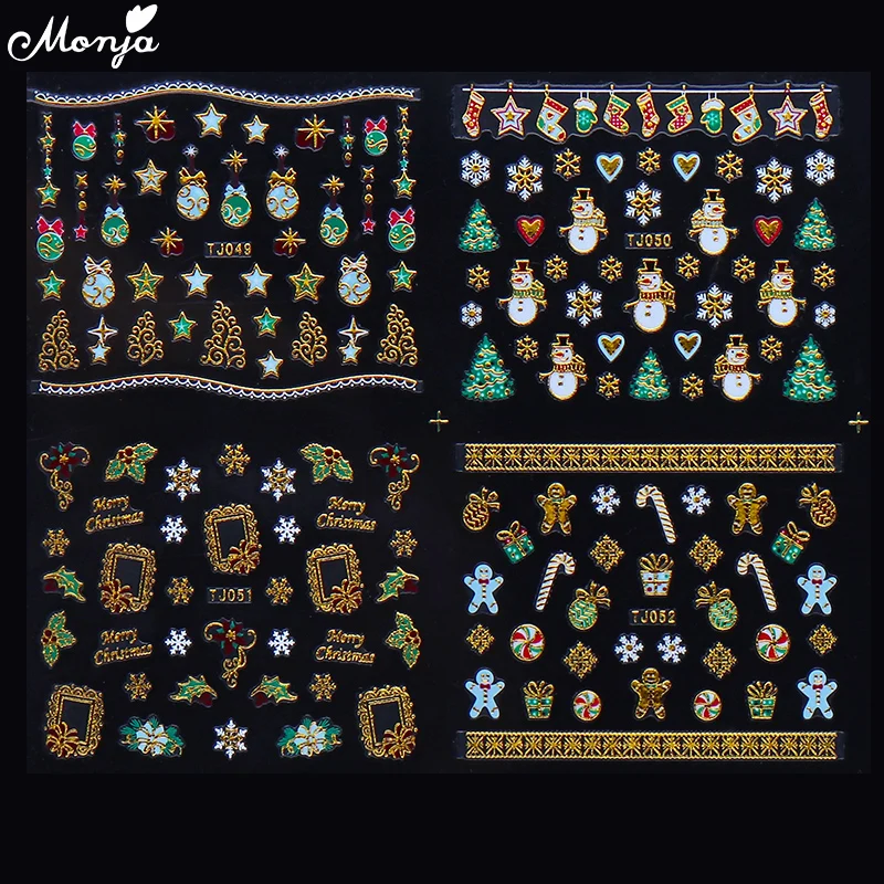 Monja 12 стилей/лист золотая граница дизайн ногтей рождественские самоклеющиеся наклейки зимние рождественские 3D Декоративные наклейки для маникюра