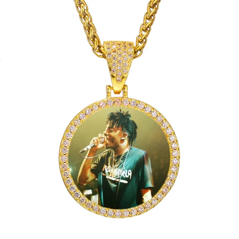Custom Photo Necklace Circle Memory Medallions Pendant Necklace Copper Gold Personalized Cubic Zircon Necklaces Hip Hop Jewelry