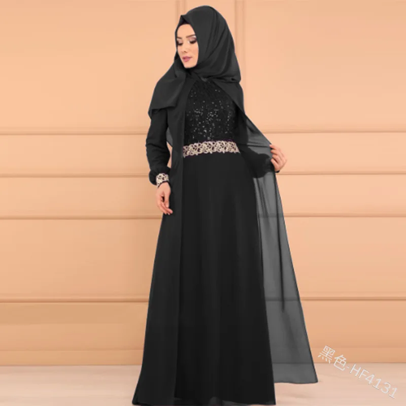 Женское мусульманское платье из двух частей с пайетками, арабское дубайское модное повседневное элегантное платье абайя, мусульманская одежда, S-5XL - Цвет: Черный