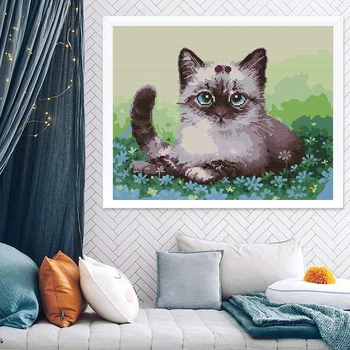 

Cats On Flowers And Grass Cross Stitch Cute Animal Pattern Blue Eyed Cat 14CT Embroidery DIY Creative Home Decoration Painting