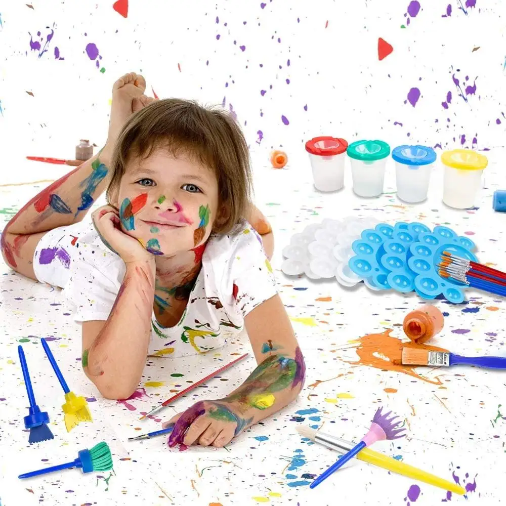 Painting Tool Kits,Paint Supplies Include Paint Cups with Lids Palette Tray Muti Sizes Paint Pen Brushes Set,Kids Gifts School