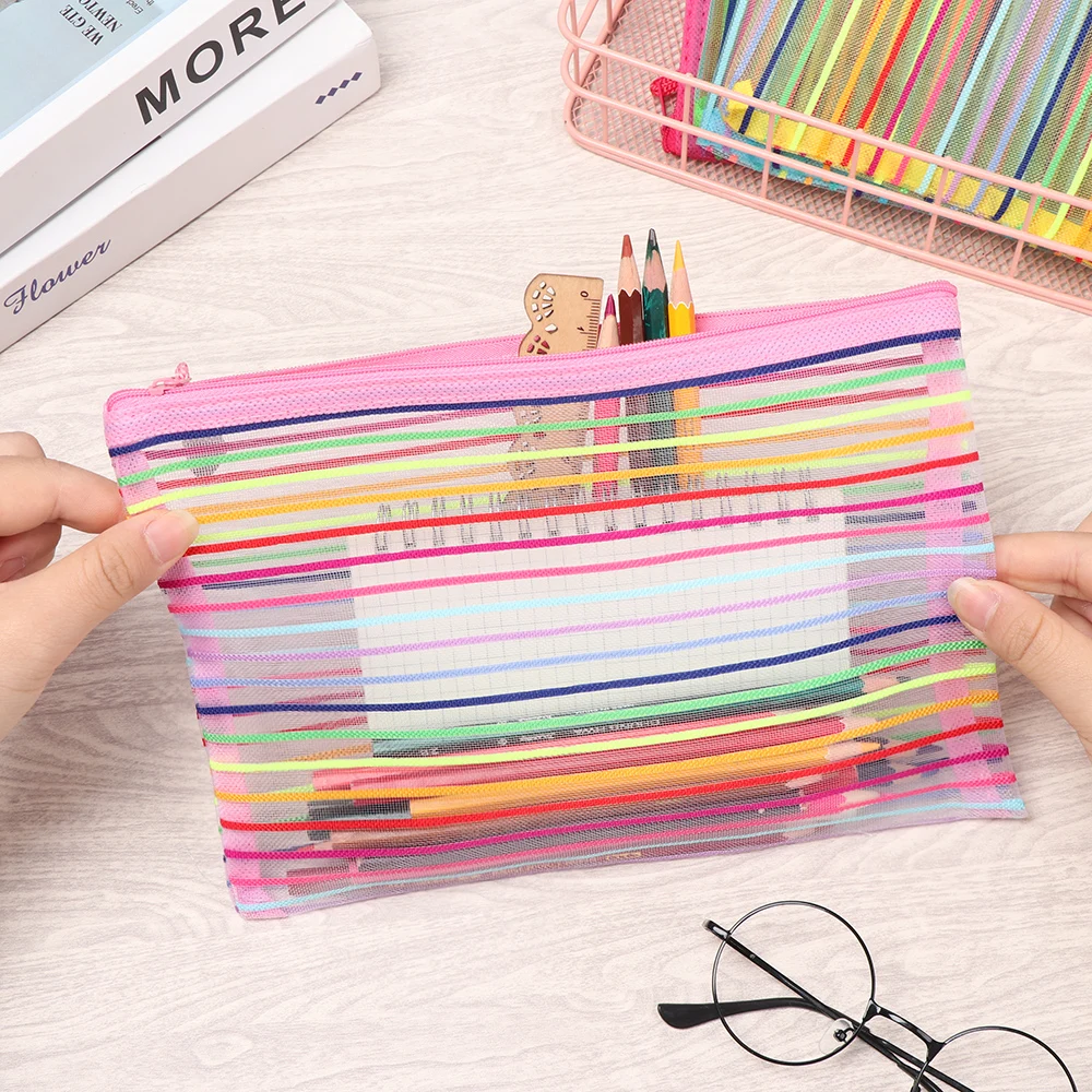 Pencil Cases Nylon Rainbow Mesh Document Zipper Stationery Bag for Office School