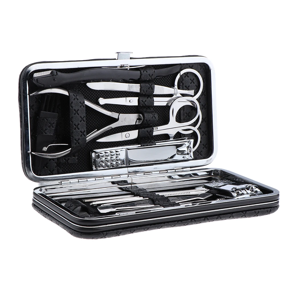 20Pcs Professional Manicure Pedicure Tools Kit Nail Clipper Cutter Cuticle Multi-use Grooming Kit with Black PU Leather Case