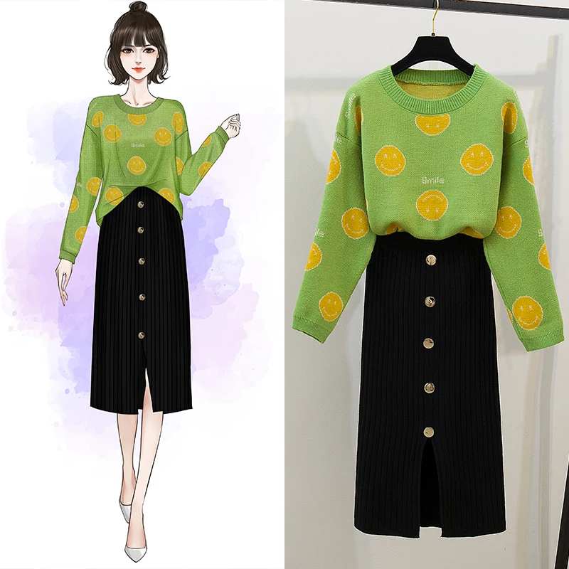 

New Winter Smile Turtleneck Sweater Long Skirt Of Tall Waist Pullover Long Sleeve Sweaters Knitted 2 Pcs Clothing Set Women
