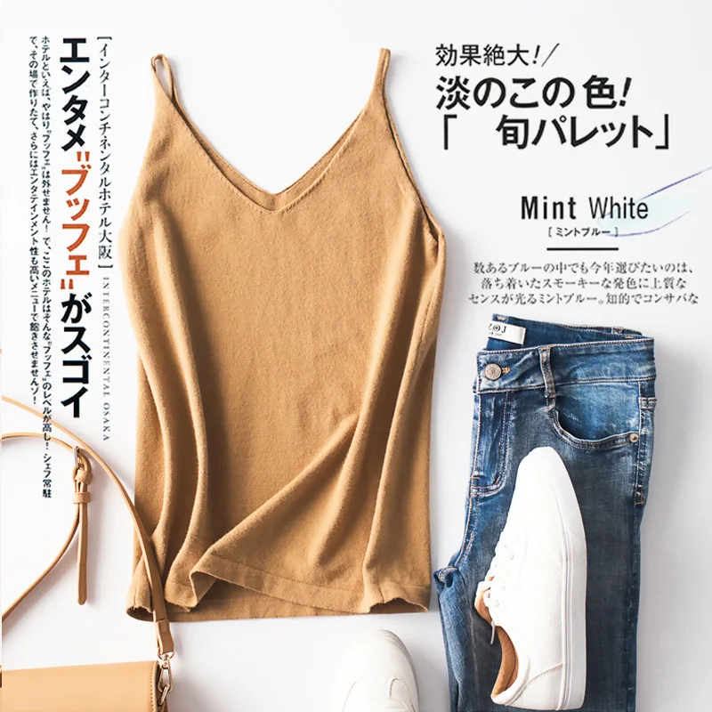 Sexy Women Camis Slim Bottoming Shirt V-neck Short Knit Tanks Solid Crop Tops Basic Female Casual Camis Autumn Winter Inner Wear nylon camisole Tanks & Camis