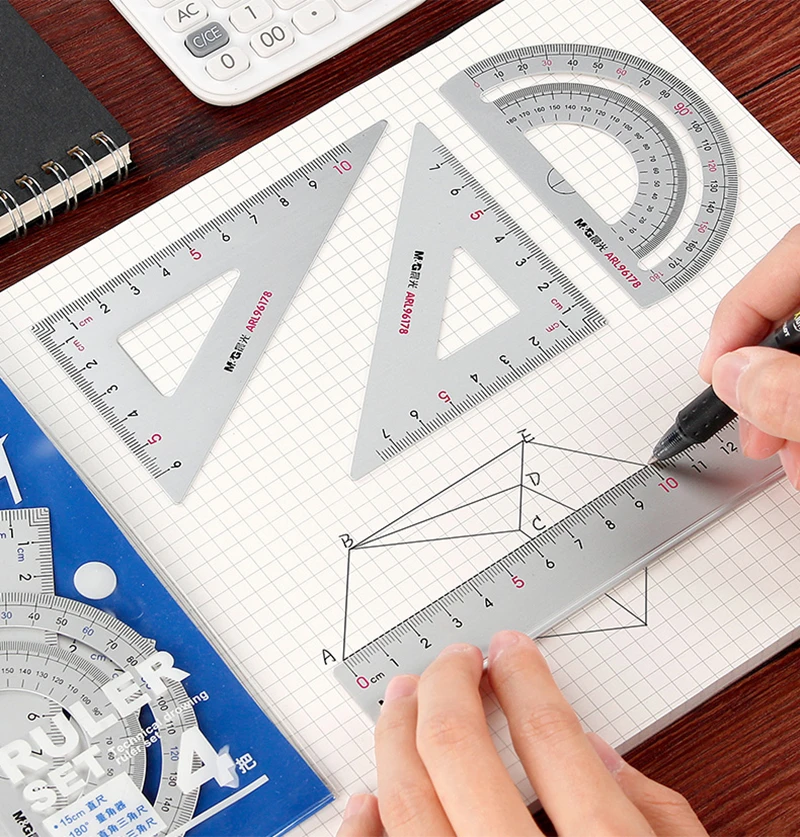 Aluminium Alloy Ruler Set 4pcs ARL96178 Maths Drawing Metal Geometry Rulers 15cm Straightedge 45/60 Degree Triangle Protractor | Канцтовары