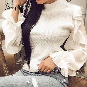 

Simplee Vintage patchwork white knitted pullover Sexy lace sweater shirt ruffle sleeve elegant tops Casual fashion sweater tops