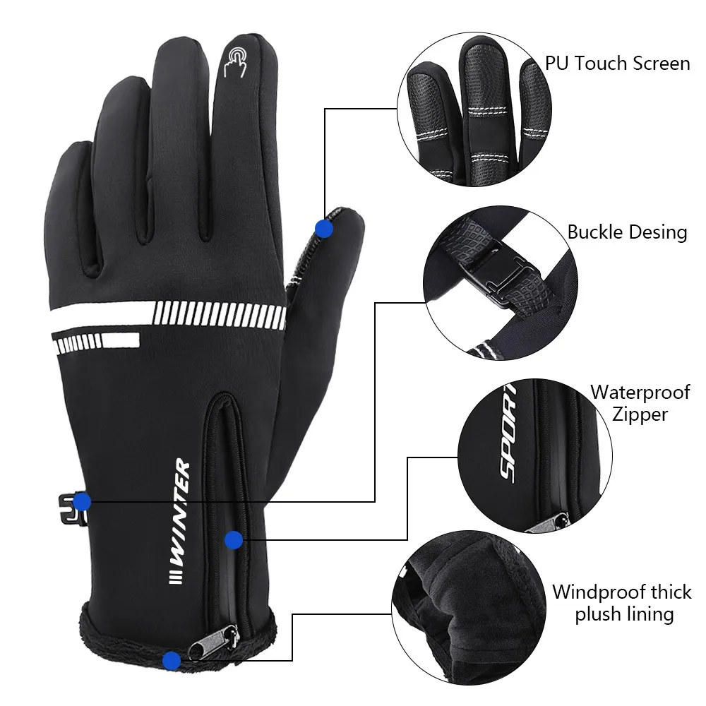Зимние велосипедные перчатки унисекс с сенсорным экраном, теплые мотоциклетные перчатки с полным пальцем, перчатки для катания на лыжах и горном велосипеде