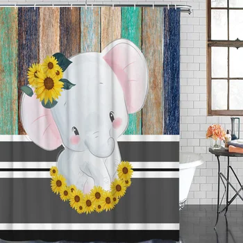

Elephant Sunflower Wood Grain Waterproof Polyester Fabric Shower Curtain Home Decoration Bathroom Shower Curtain with hook
