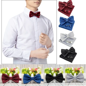 

Men Vintage Wedding Bow Tie Pocket Square Handkerchief Set Mens Necktie Setsilk Solid Business Bowtie