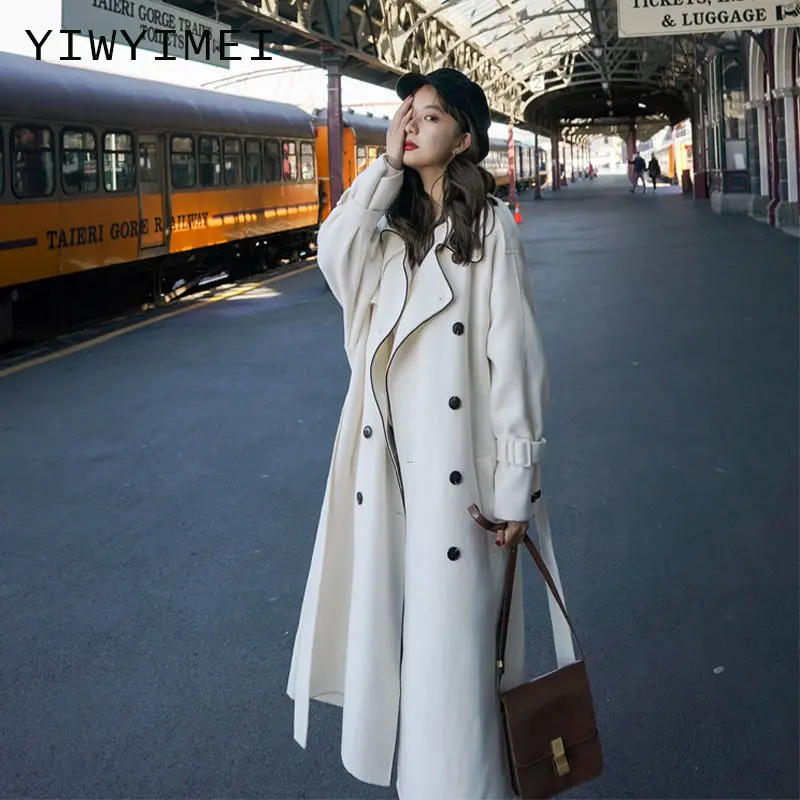 Korea Women Spring Autumn Black Loose Long Wool Coat Jacket Belt Woolen Overcoat Split Hem Cardigan Outerwear 3XL | Женская одежда