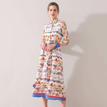 

Autumn Fashion Runway Dress 2020 Spirng Autumn New Women Full Sleeve Flower Print Blue Vintage Long Elegant Dress