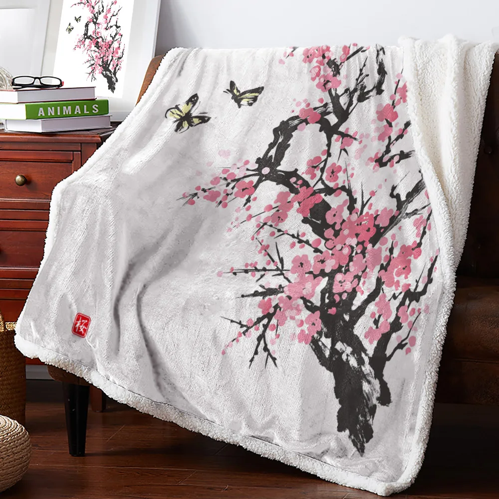 Winter Cashmere Blanket Cherry Blossoms Pink Butterfly Tree Flower Bedspread Coverlet Flannel
