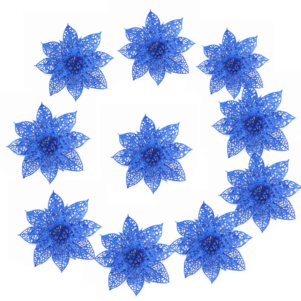 10 шт., искусственные рождественские цветы, блестящие искусственные цветы, Рождественские елочные украшения для дома, подарок, рождественский орнамент - Цвет: Blue