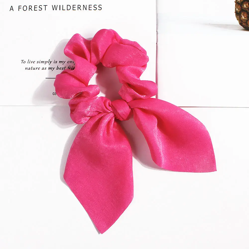 A-rose red Pure Color Elastic Hair Band Rabbit Ear Bow Pearl Hair Rope Satin Ponytail Scrunchie Hair Tie For Women Headband Hair Accessorie - Цвет: A-rose red