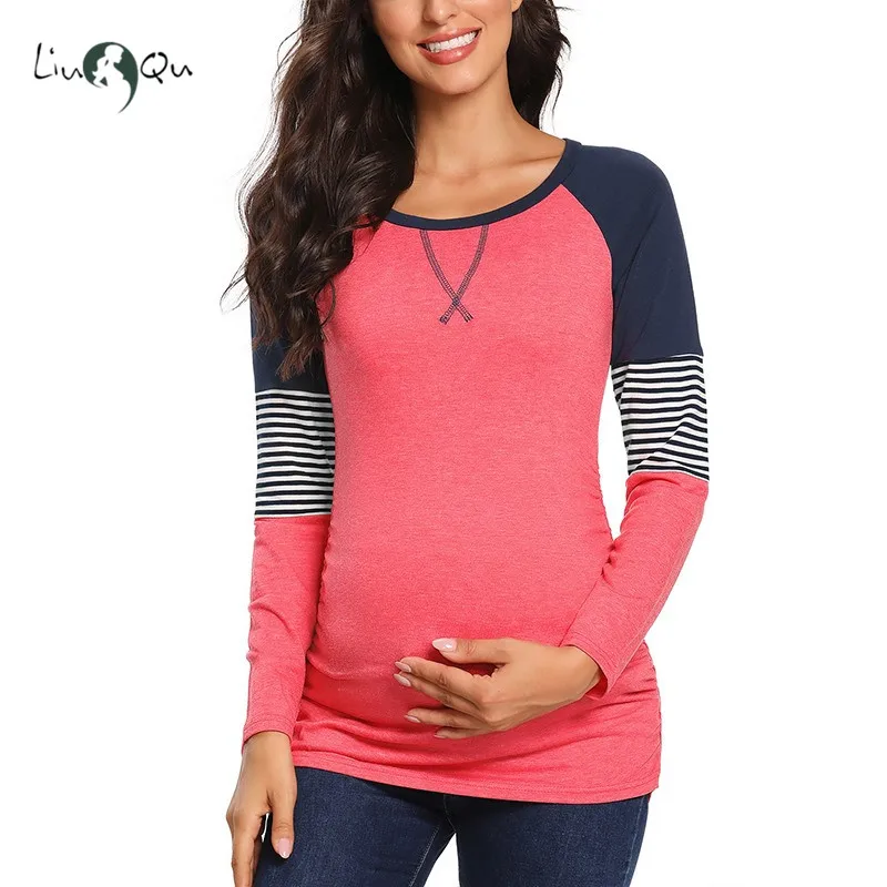 Blusas para Grávidas Bloco de Cor em Torno do Pescoço Mulheres Gravidez Manga Longa Camisas Casual Listrado 10 Cheap Blusas & Camisas